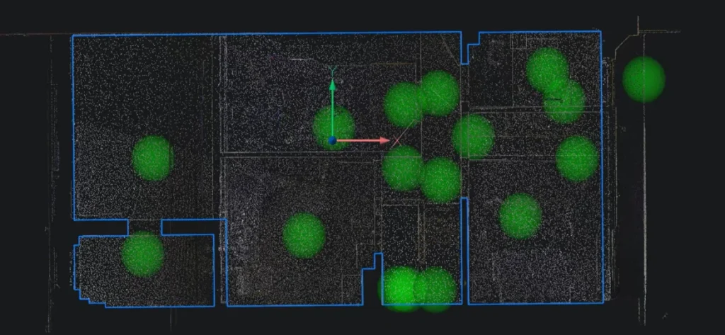 Point cloud visualization showing a building floor plan with green scan points, displayed in Bricsys software, with the plan outline drawn in blue lines.