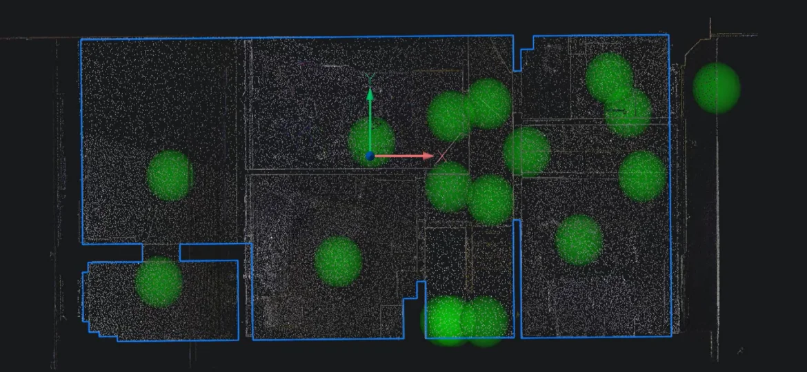 Point cloud visualization showing a building floor plan with green scan points, displayed in Bricsys software, with the plan outline drawn in blue lines.