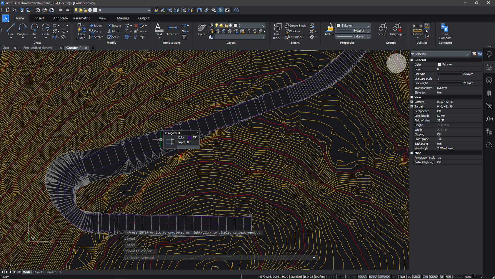 3D alignment and terrain contour visualisation for road design in BricsCAD using KeyTERRA-FIRMA Base