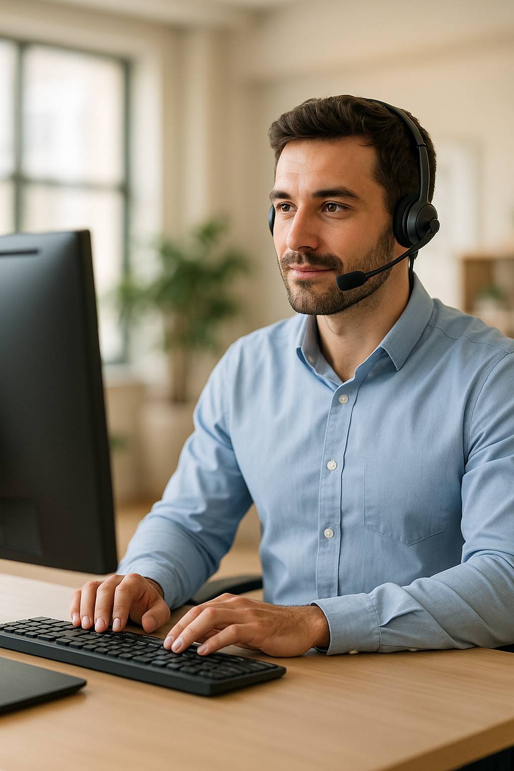 KeyTERRA-FIRMA support specialist at workstation, providing expert CAD assistance via headse