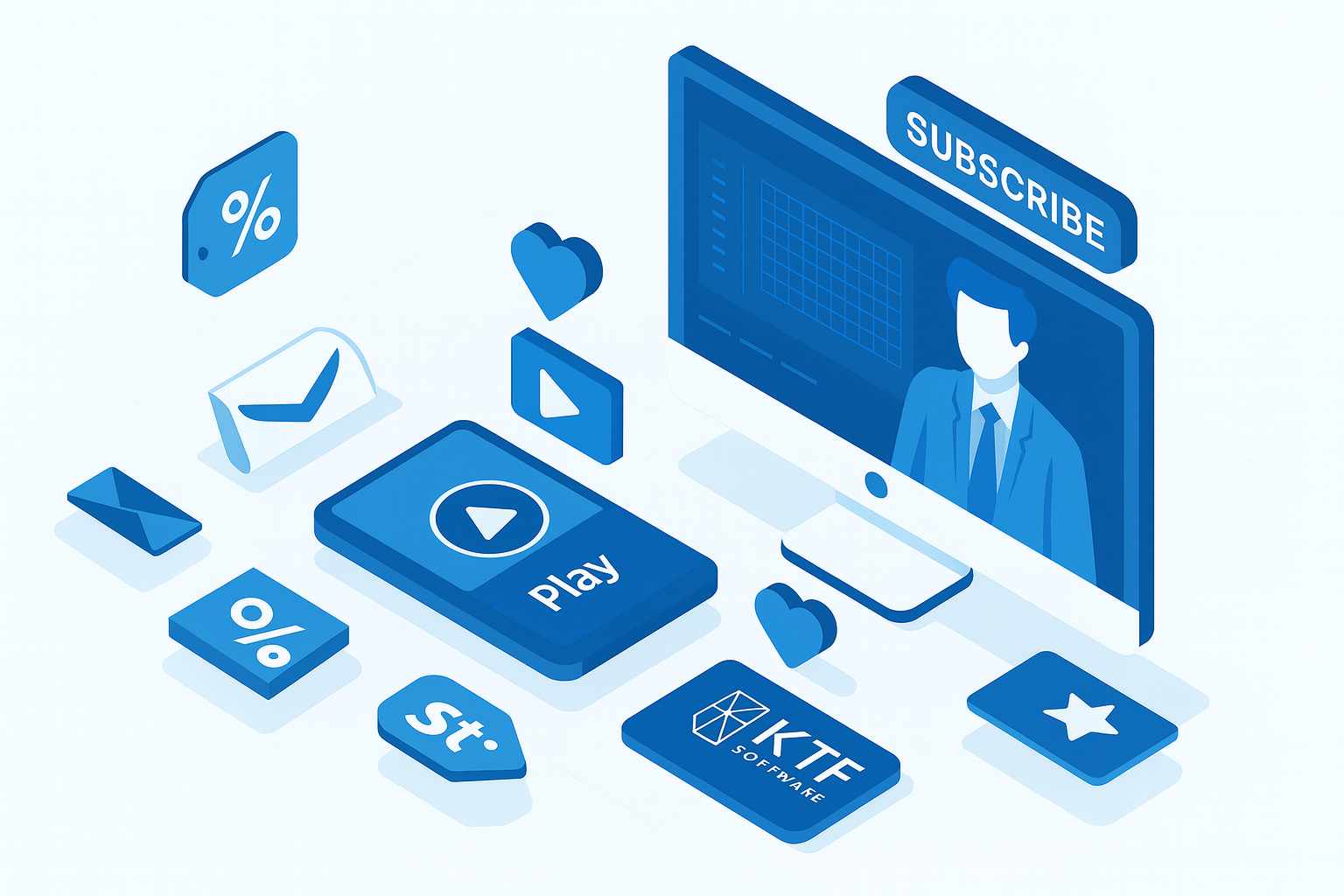 Isometric digital illustration showing KTF Software news, CAD video tutorials, email updates, and BricsCAD training content