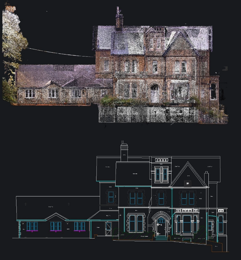 Laser scanned building elevation with KTF Pointcloud and 2D DWG drawing overlay in BricsCAD