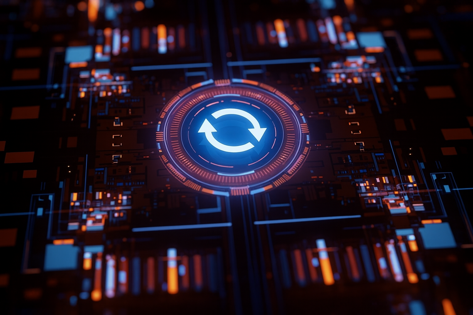 Futuristic digital interface representing software updates and automation in KTF Software systems