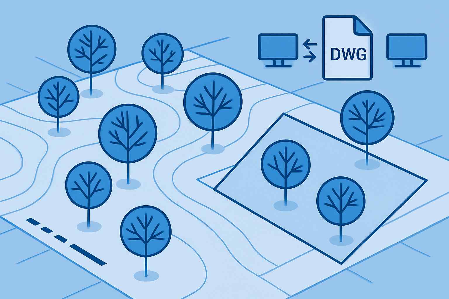 Digital illustration showing efficient CAD-based tree survey workflows with Qarb software, highlighting collaboration and cost savings