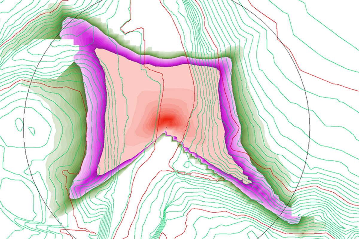 ZTV visibility analysis showing terrain contours, colour shading, and line-of-sight results using KeyTERRA-FIRM
