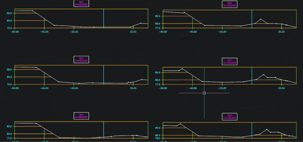 Multiple BricsCAD V26 section views showing different terrain cut-throughs