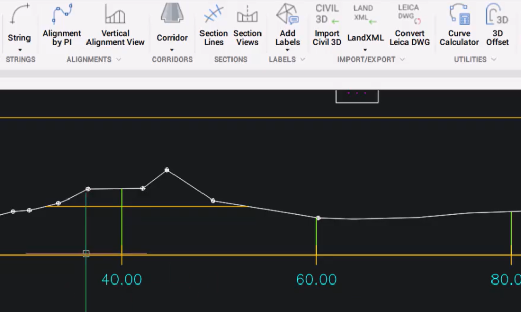 BricsCAD V26 section view with KeyTERRA-FIRMA tools in the ribbon