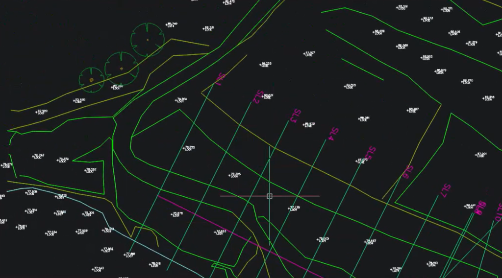 BricsCAD drawing showing survey strings, contours, and section lines prepared for KeyTERRA-FIRMA civil design
