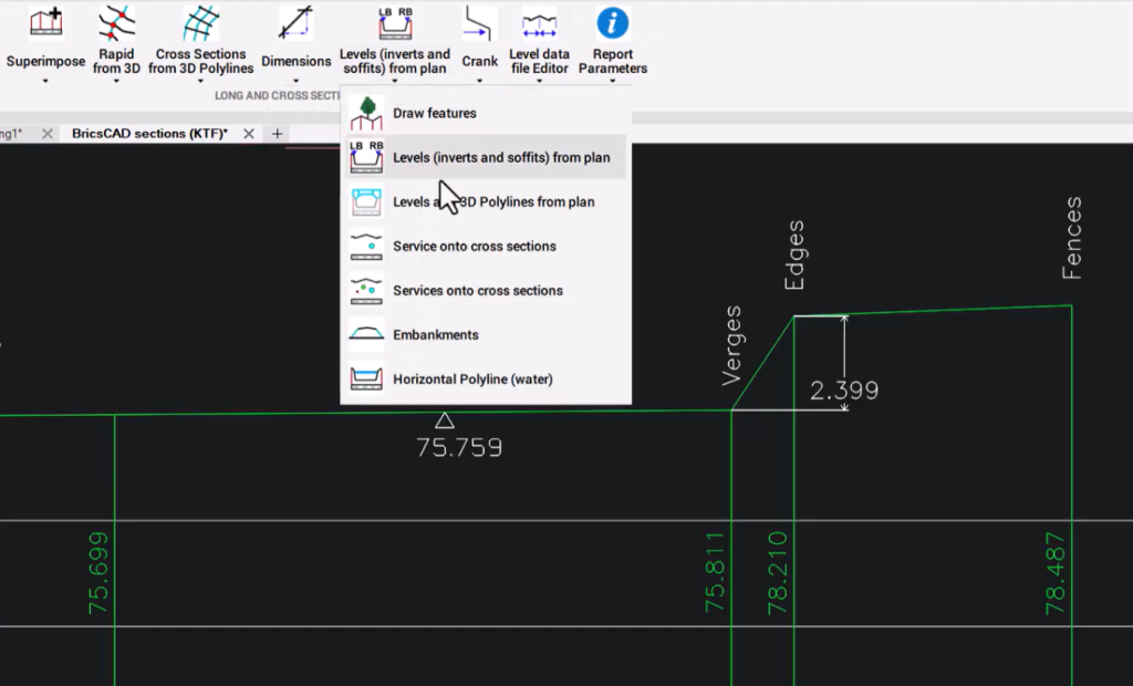 KeyTERRA-FIRMA section tools menu showing level, service, and embankment options
