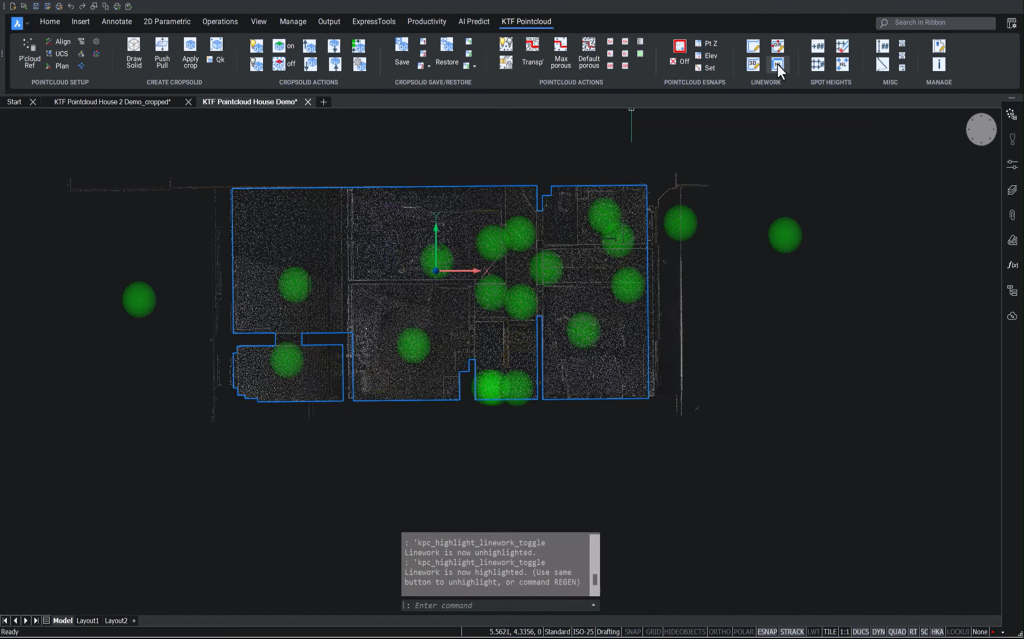 Highlighted linework within a measured building survey created from point cloud data in BricsCAD using KTF Pointcloud