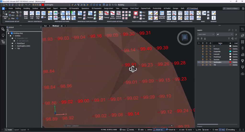 Spot heights displayed on a TIN surface generated from point cloud data in BricsCAD using KTF Pointcloud