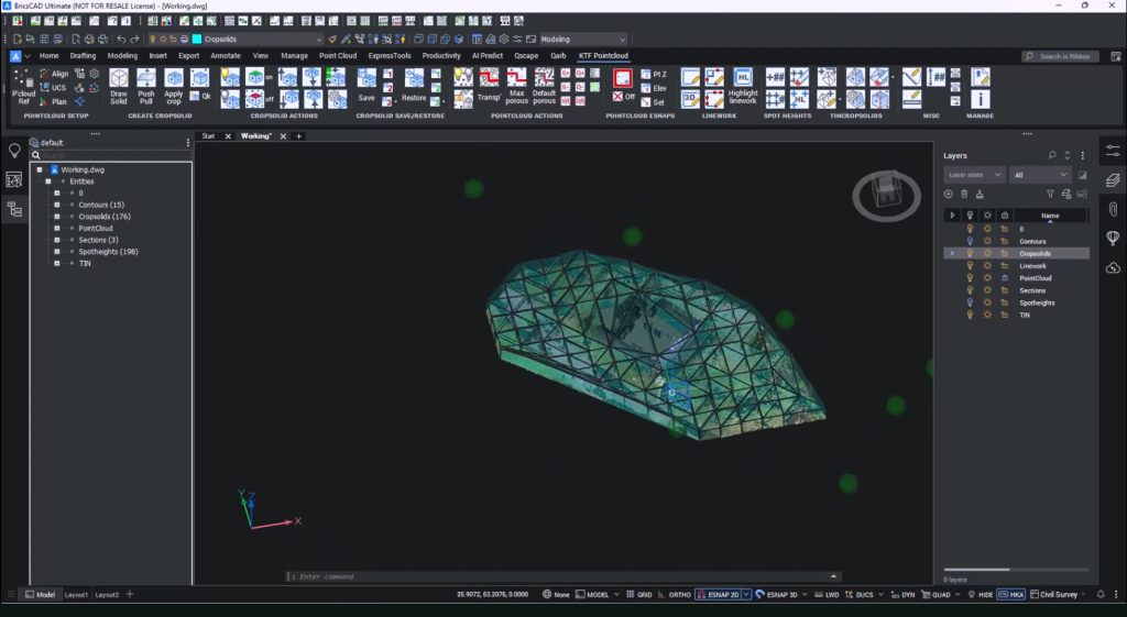 TIN crop solids generated from point cloud data in BricsCAD using KTF Pointclou