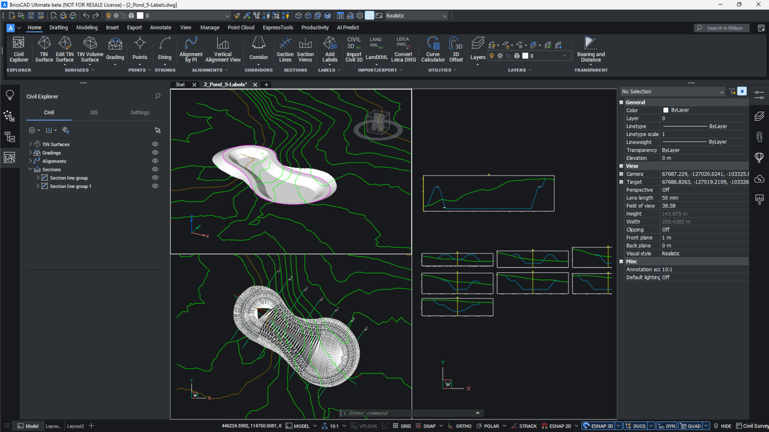 BricsCAD interface showing civil Workspace