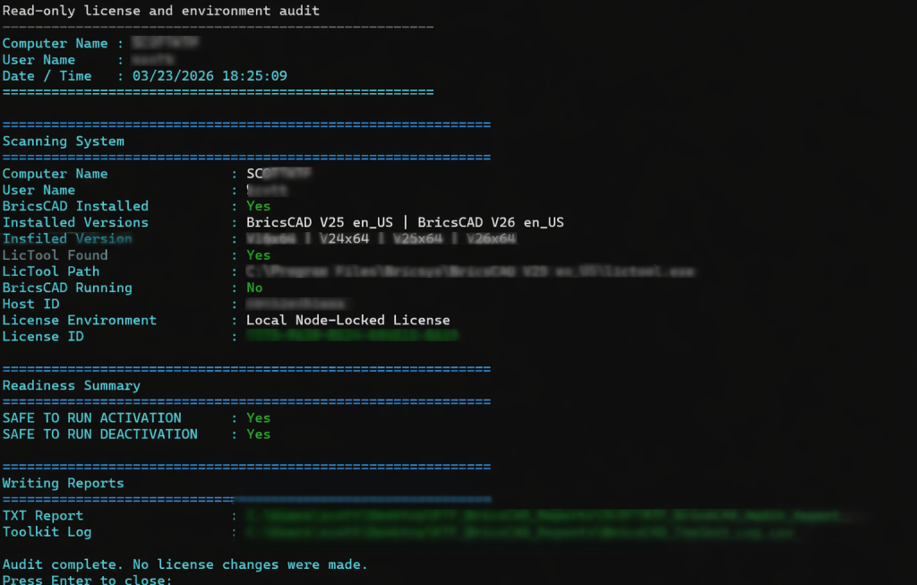 Example output from KTF BricsCAD license audit toolkit showing license environment and activation readiness