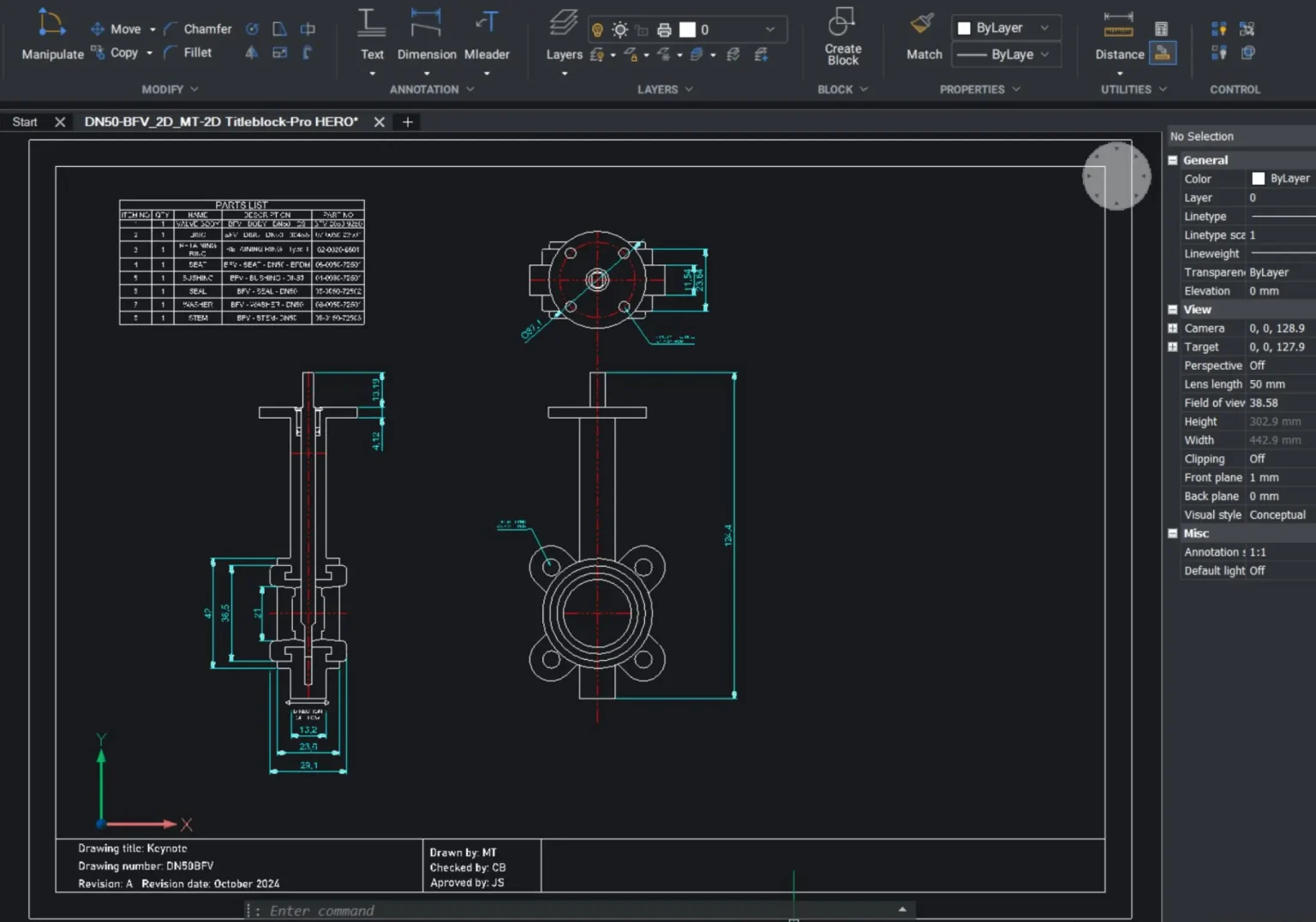 BricsCAD 2D technical drawing showing annotated dimensions, title block, and CAD drafting standards layout