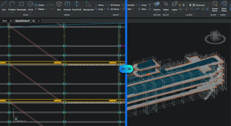 BricsCAD interface showing a 2D drawing converted into a 3D building model during CAD training