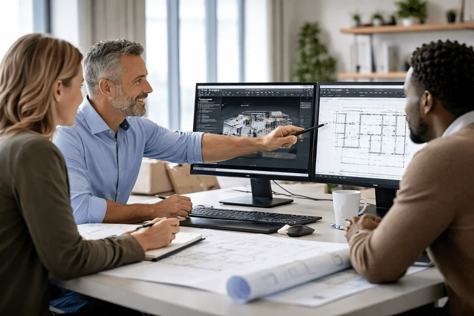 Engineering team reviewing CAD models and drawings with expert guidance during a consultancy session