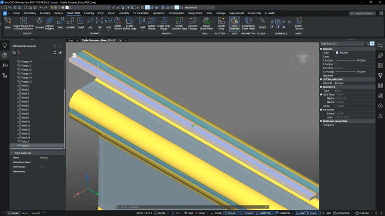 BricsCAD Mechanical workspace showing parametric modelling of a sheet metal component with feature tree