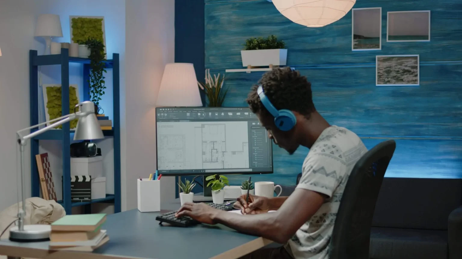 CAD user learning BricsCAD at a dual monitor workstation during an online training session