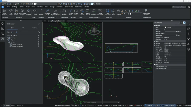 BricsCAD interface showing terrain modelling with contour lines and surface analysis for surveying workflows