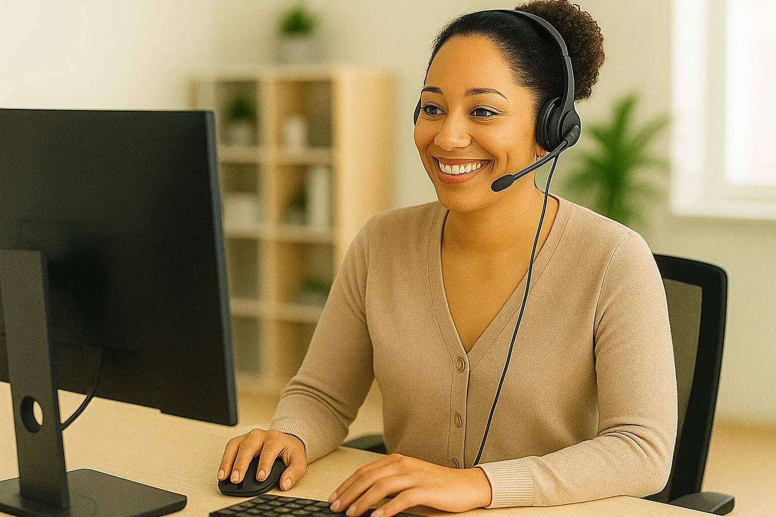 Customer support professional assisting a user via headset at a computer workstation