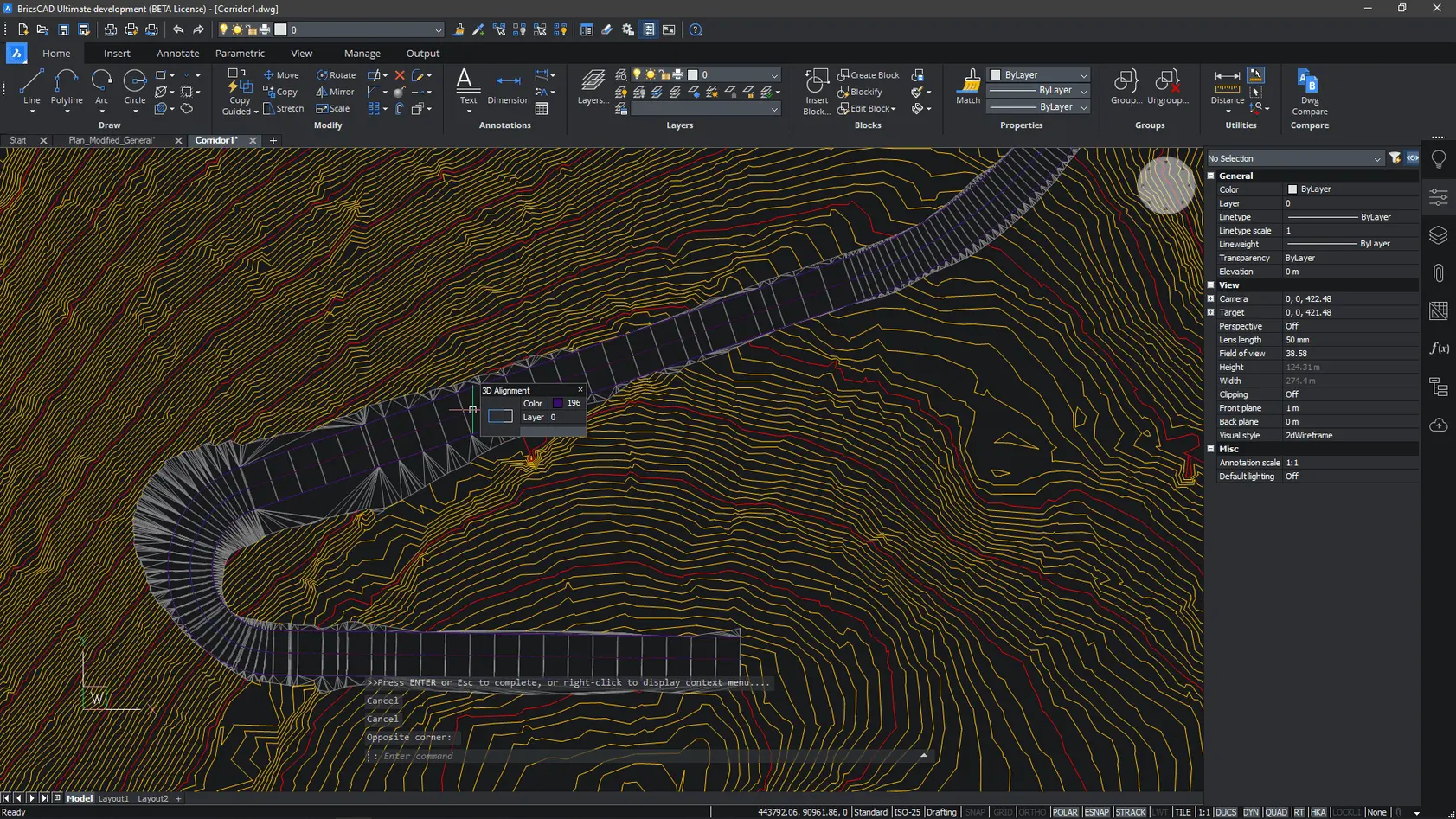 Road alignment design on terrain contours in BricsCAD using KeyTERRA-FIRMA Base for survey and civil workflows