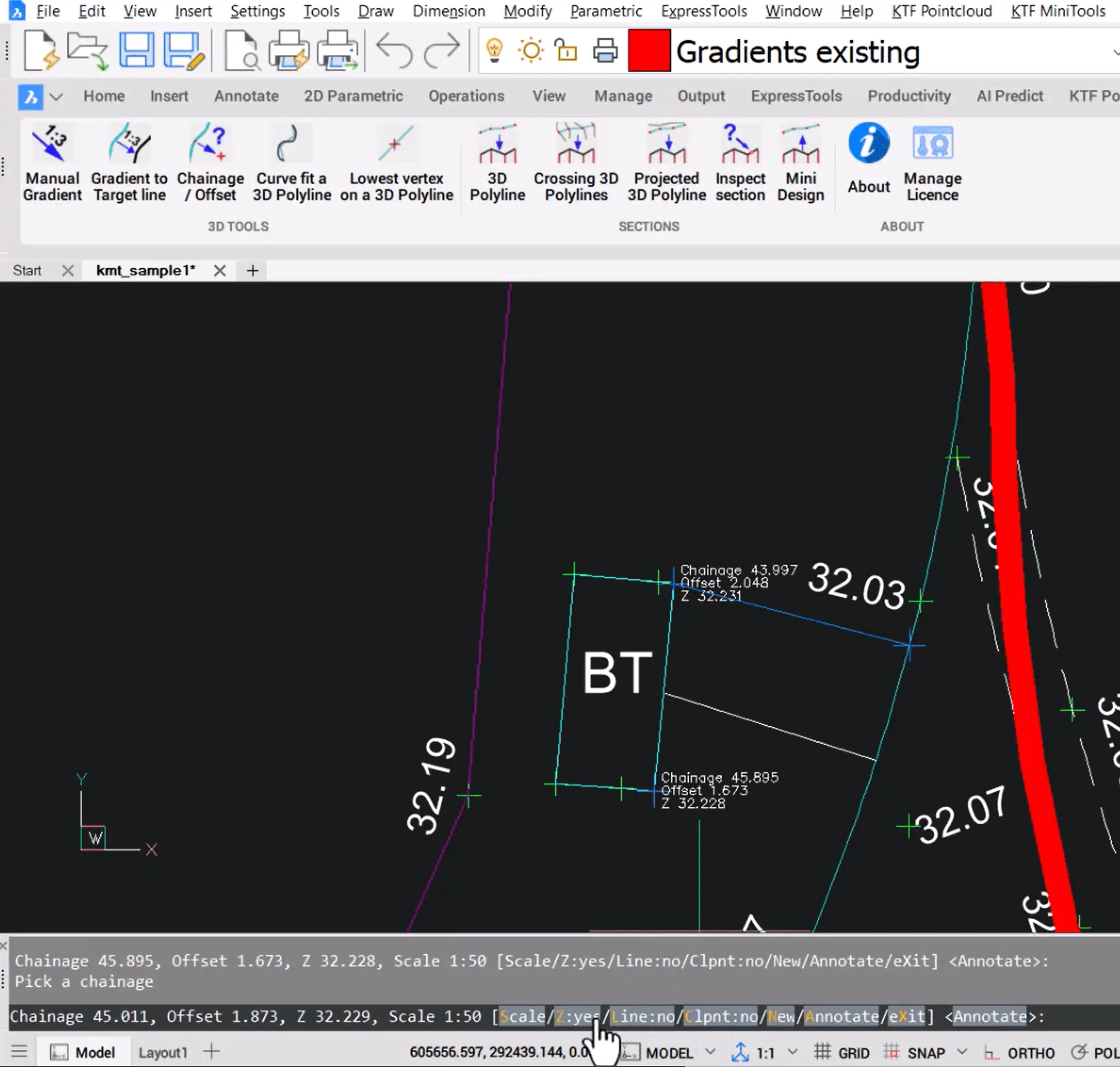 KTF MiniTools in BricsCAD showing chainage, offset and elevation annotation for civil and surveying workflows