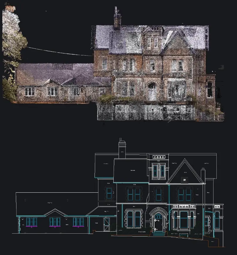 KTF Pointcloud in BricsCAD showing laser scanned building elevation with 2D CAD drawing overlay for measured building survey