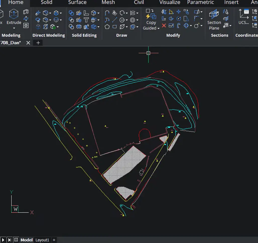 Qarb tree constraints plan in BricsCAD showing site layout with tree protection areas and planning overlays