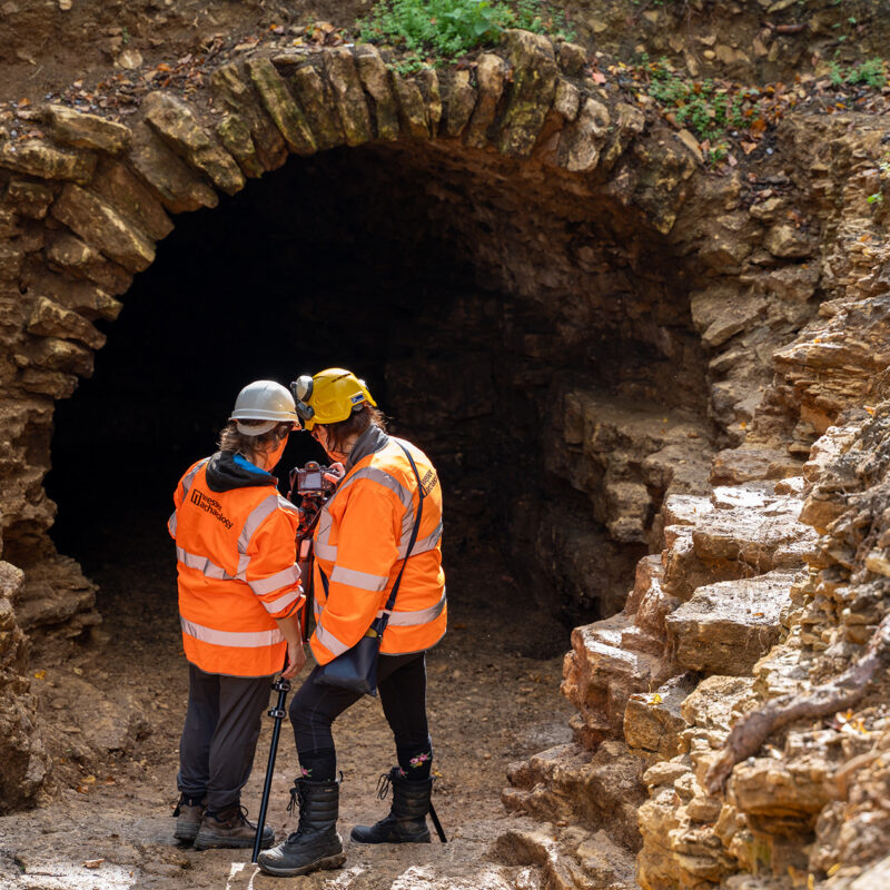 Geomaticians-Sally-and-Roberta-undertake-a-photogrammetric-survey-of-Beckfords-Tower-grotto-tunnel-c-Wessex-Archaeology