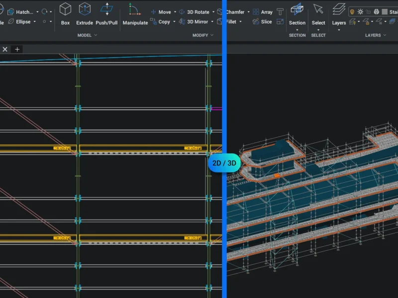 BricsCAD interface showing a 2D drawing converted into a 3D building model during CAD training