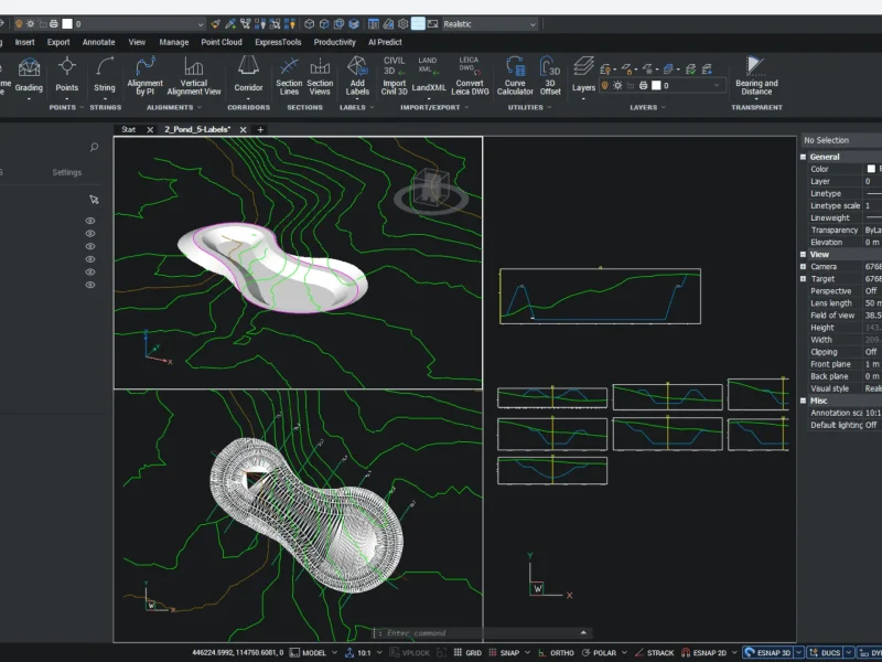 BricsCAD interface showing terrain modelling with contour lines and surface analysis for surveying workflows