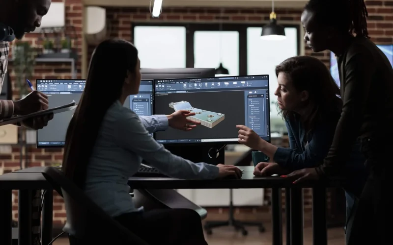 Engineering team reviewing a 3D CAD model and discussing design solutions in a collaborative session