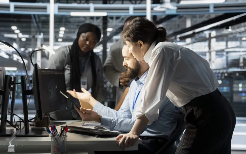 Engineering team reviewing data and discussing technical solutions in a collaborative consultancy environment