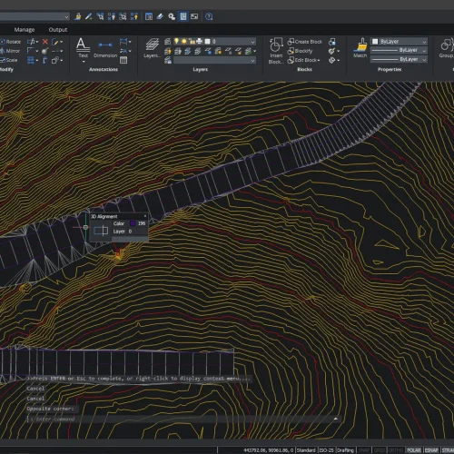 Road alignment design on terrain contours in BricsCAD using KeyTERRA-FIRMA Base for survey and civil workflows