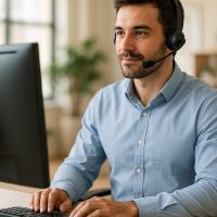 KeyTERRA-FIRMA support specialist at workstation, providing expert CAD assistance via headse