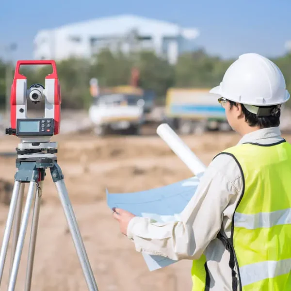 Surveyor using total station equipment on construction site for topographic survey